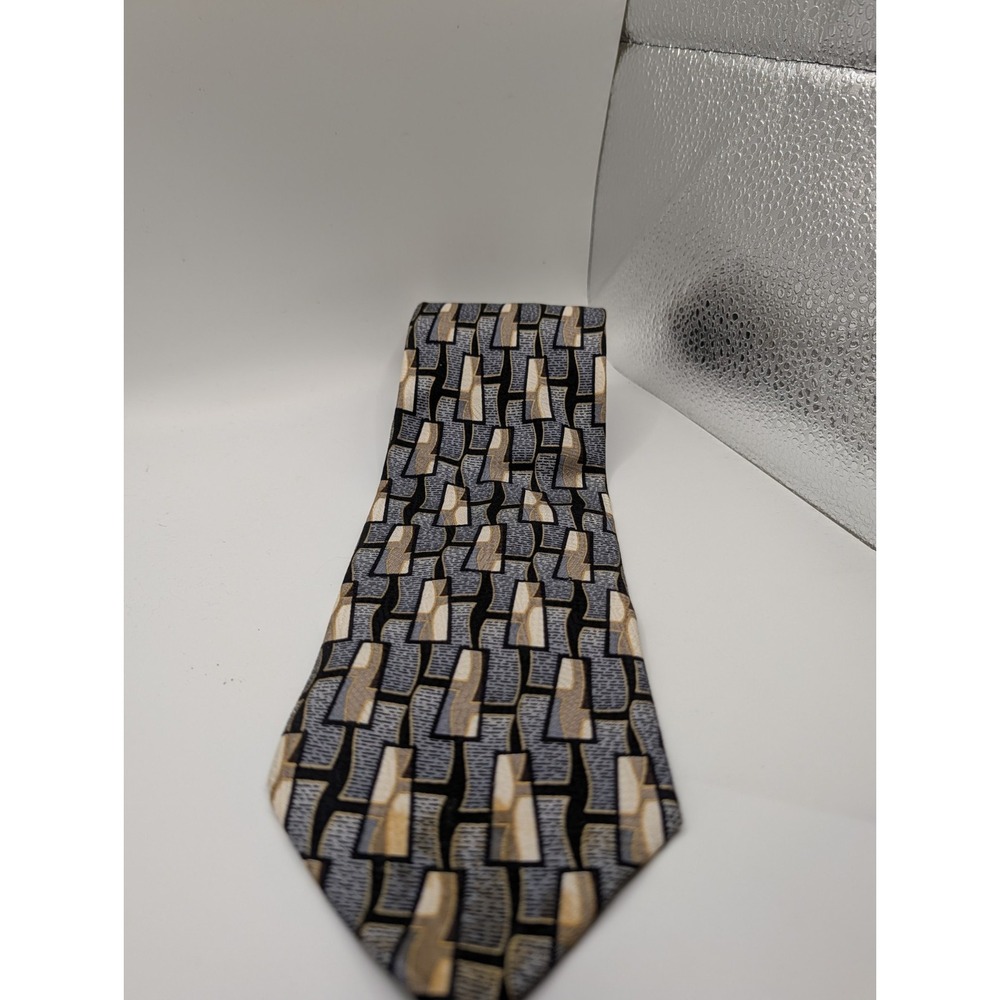 Pavia Men's Necktie 100% Silk Black Tan Blue Gray Geometric Block Pattern Italy